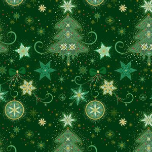 May include: A dark green fabric featuring a repeating pattern of stylised Christmas trees, intricate stars, and circular ornaments. The design includes delicate gold and light green line work, small dots, and bows, creating a festive holiday motif.