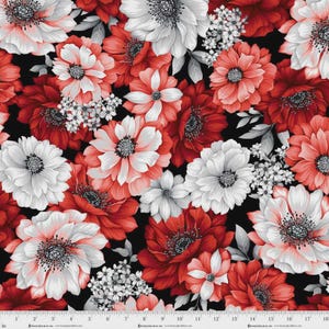 May include: A fabric with a floral pattern featuring large red and white flowers with gray accents on a black background. The design includes various sizes of blooms and small white flower clusters.