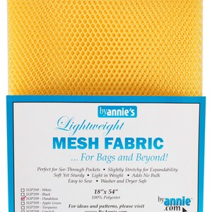 May include: Yellow mesh fabric labeled "Lightweight Mesh Fabric" by ByAnnie. The fabric is 18" x 54" and made of 100% polyester. It is designed for bags and other projects, with features like see-through pockets and easy sewing.