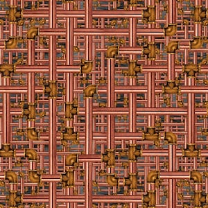 Pode incluir: Um padrão sem costura de tubos de cobre com conexões douradas, dispostos em um padrão de grade. Os tubos são conectados em ângulo reto, criando um design complexo e intrincado.
