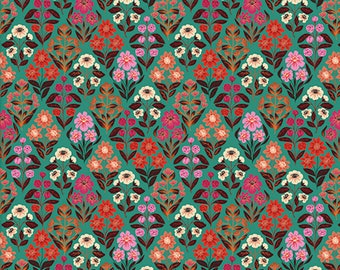 Folk Flora- Turquoise Floral Bouquet: Sold by the 1/2 yard - Cut continuously