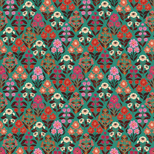 Folk Flora- Turquoise Floral Bouquet: Sold by the 1/2 yard - Cut continuously