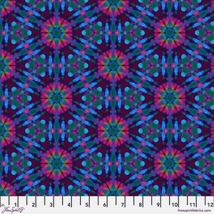 May include: A vibrant fabric with a repeating geometric pattern. The design features a dark purple background with a kaleidoscope of colorful shapes in shades of blue, green, and pink. The pattern repeats every 12 inches.