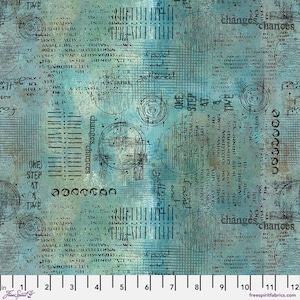 May include: Textile fabric with a distressed, vintage aesthetic. The teal and blue background features handwritten script, geometric shapes, and the words "changes, chances" and "one step at a time." The fabric is 12 inches wide.