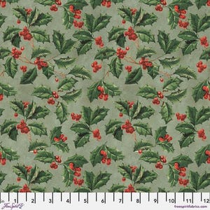 May include: A fabric with a repeating pattern of holly leaves and red berries on a muted green background. The leaves are a deep green with detailed veining, and the berries are a vibrant red. The fabric is measured in inches.