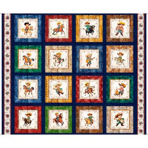 May include: A fabric panel with a repeating pattern of cowboy illustrations. Each square features a different cowboy scene, framed in various colours like red, green, and yellow, set against a dark blue background. The panel includes decorative borders with star patterns.