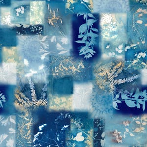 May include: A patchwork design featuring botanical prints in shades of blue, white, and gold. The pattern includes various plant silhouettes, such as ferns and delicate floral arrangements, creating a textured, artistic aesthetic. The design is reminiscent of cyanotype prints.