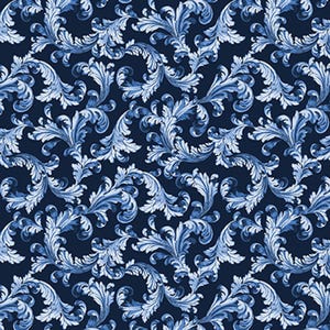 May include: A seamless pattern featuring a repeating design of stylized blue and white leaves on a dark blue background.