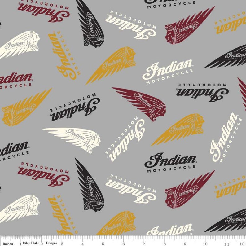 Logos Gray Riley Blake Indian Motorcycle Cotton Fabric