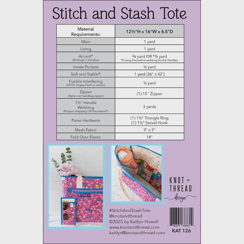 Może przedstawiać: Wz&oacute;r szycia zatytułowany "Stitch and Stash Tote" z wymaganiami materiałowymi. Wz&oacute;r zawiera zdjęcia gotowej torby i akcesori&oacute;w z r&oacute;żowej tkaniny w kwiaty. Torba ma wymiary 31,75 cm wysokości x 40,6 cm szerokości x 16,5 cm głębokości.