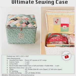 May include: The image showcases a sewing case with a patchwork design on the top and a light green floral pattern on the sides. The case is open, revealing compartments and sewing supplies. The text "Ultimate Sewing Case" is displayed.