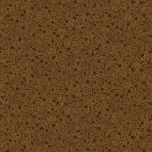 May include: A seamless fabric pattern with a brown background and a repeating design of small red flowers and brown vines.