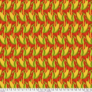 May include: A repeating pattern of yellow corn on the cob with green husks and red accents. The design is a vibrant and colorful illustration, perfect for fabric or wallpaper.