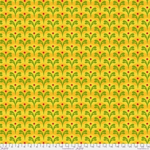 Puede incluir: Patrón repetitivo de hojas verdes estilizadas con bayas rojas sobre fondo amarillo. El diseño simétrico crea una apariencia texturizada, adecuado para tela o papel pintado.