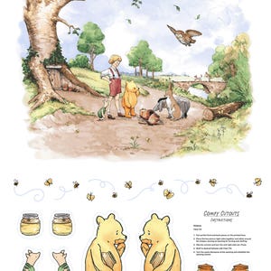 Puede incluir: Ilustración en acuarela con Winnie the Pooh y sus amigos en una escena de bosque. La imagen incluye un niño, un oso, un burro y un cerdito. También se muestran recortes de los personajes y tarros de miel.