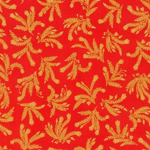 Könnte beinhalten: Roter Stoff mit einem sich wiederholenden Muster aus goldenen Blütenzweigen. Die Zweige bestehen aus kleinen Blättern und Knospen.