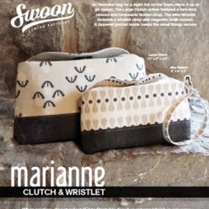 Könnte beinhalten: Ein Schnittmuster für eine Clutch und ein Armband. Das Muster heißt "Marianne" und stammt aus der Vintage-Kollektion von Swoon Sewing Patterns. Das Muster enthält Anweisungen zum Nähen von zwei Größen: einer großen Clutch (28 cm x 18 cm x 6 cm) und einem Mini-Armband (15 cm x 10 cm x 5 cm).