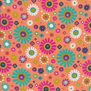 Puede incluir: Un vibrante estampado floral con flores estilizadas en tonos rosa, turquesa, blanco y amarillo sobre un fondo melocotón. El diseño incluye flores de varios tamaños y formas geométricas, creando un diseño textil animado y colorido.
