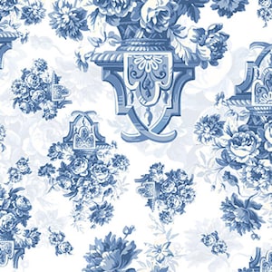 May include: A white background with a repeating pattern of blue floral bouquets and ornate blue vases. The design is reminiscent of vintage china.
