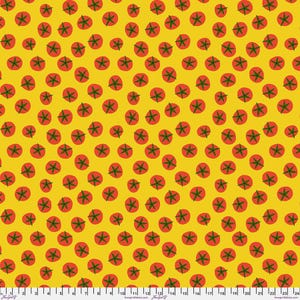 May include: A repeating pattern of red tomato illustrations with green stems on a bright yellow background. The tomatoes are evenly spaced across the fabric, creating a cheerful and vibrant design. This fabric is suitable for various sewing and crafting projects.