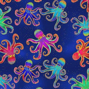 Puede incluir: Un vibrante patrón de tela con pulpos coloridos sobre un fondo azul oscuro. Los pulpos son en tonos de rojo, rosa, morado, azul y verde, con contornos dorados. El diseño tiene un tema submarino caprichoso.