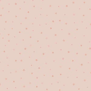 Könnte beinhalten: Nahtloses Muster mit hellrosa Hintergrund, verziert mit verstreuten, handgezeichneten Elementen. Das Design umfasst kleine Sterne, Herzen und Punkte in einem etwas dunkleren Rosaton, wodurch eine zarte und verspielte Ästhetik entsteht.