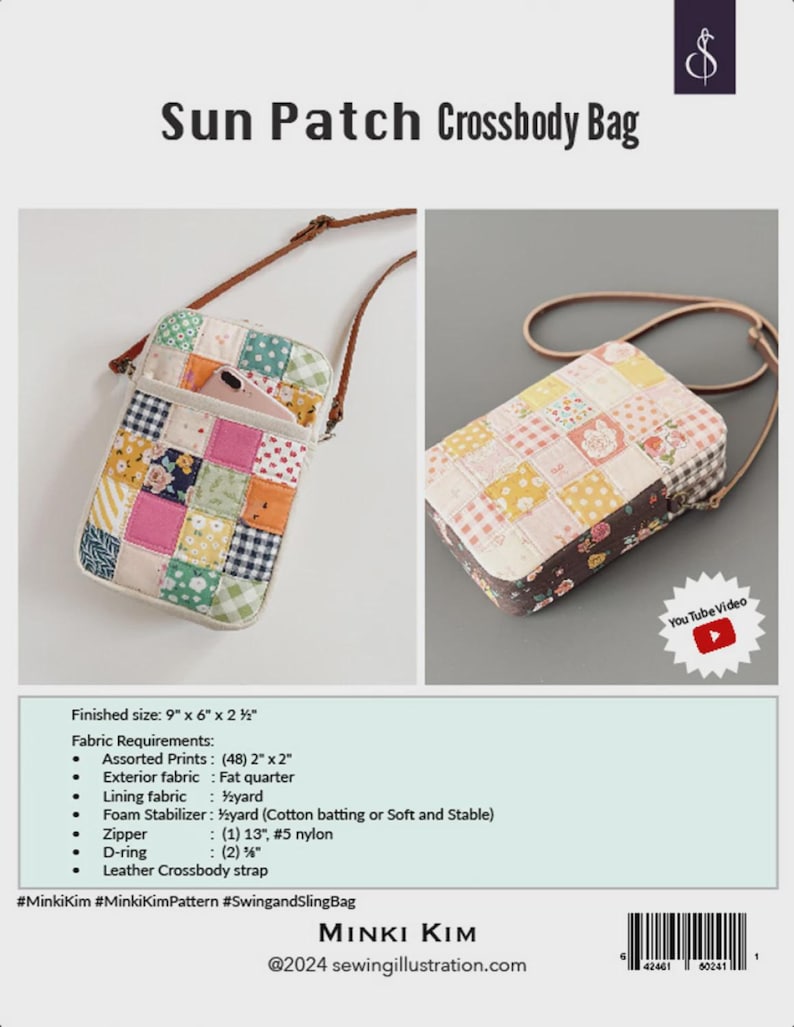 May include: The image showcases a patchwork crossbody bag with a brown leather strap. The bag is rectangular, approximately 9" x 6" x 2.5", and features a variety of colorful fabric squares. The text "Sun Patch Crossbody Bag" is displayed at the top.