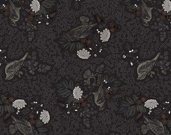 Nature's Whisper - Oiseaux noirs avec fleurs et feuilles : vendu par 1/2 mètre