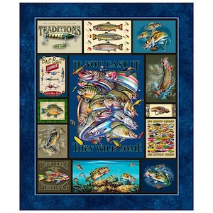 May include: A decorative fishing-themed wall art piece with a dark blue border. The artwork features various illustrations of fish, fishing lures, and text including "Traditions" and "If You Cast It, They Will Come."