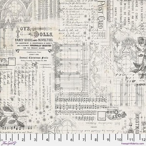 May include: A fabric panel with a collage of vintage ephemera in shades of cream and gray. The design includes architectural sketches, sheet music, postcards, and handwritten script. Text includes "OYS DOLLS" and "Annual Christmas Frolic".