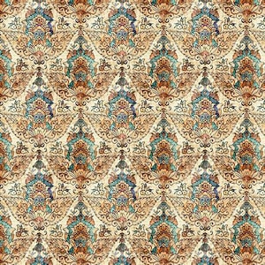 May include: A repeating pattern featuring an ornate, vintage design. The pattern showcases a symmetrical arrangement of floral and geometric elements in shades of beige, brown, teal, and blue. The overall aesthetic is reminiscent of a traditional rug or textile.