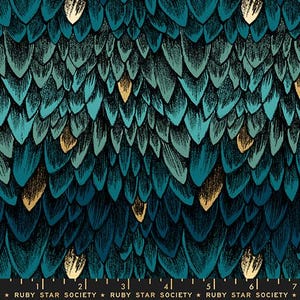 May include: A patterned fabric featuring a repeating design of teal and navy blue feather-like shapes, with gold highlights. The design has a textured, hand-drawn look. The text "RUBY STAR SOCIETY" is at the bottom.