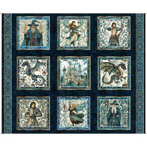 May include: A fabric panel featuring nine square illustrations with fantasy themes. Each square has a gold border and depicts a wizard, dragon, fairy, archer, and castle. The background is a dark blue with a decorative border.