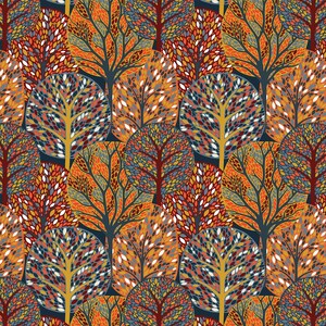 May include: A repeating pattern featuring stylized trees with rounded canopies. The leaves are rendered in shades of orange, yellow, blue, and white, set against a dark navy background. The tree trunks are depicted in dark brown or yellow.