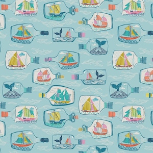 May include: A repeating pattern of ships in bottles on a light blue background. The ships have colorful sails and are in various styles. Some bottles have whales. The background has white wave patterns.