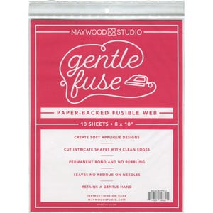 May include: A package of Maywood Studio "gentle fuse" paper-backed fusible web. The red package features white text and a logo with an iron. The package contains 10 sheets, each measuring 8 x 10 inches, for creating soft appliqué designs.