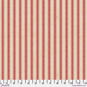May include: Cream-colored fabric with vertical red stripes. The stripes are evenly spaced and run the length of the fabric. The fabric has a vintage look, with a slightly aged appearance. The image includes a ruler along the bottom edge.