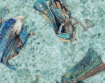 Folklore- Dusty Aqua Medieval Character Toss: Sold by the 1/2 yard