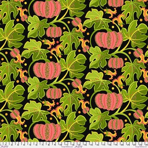 May include: A repeating pattern featuring pink pumpkins with green leaves and yellow accents on a black background. The pumpkins have vertical stripes and are surrounded by stylized foliage.