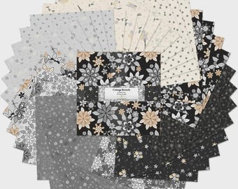 May include: A collection of fabric squares arranged in a circular pattern. The fabrics feature floral and botanical designs in shades of black, gray, cream, and tan. The center square displays the text "Cottage Reverie".