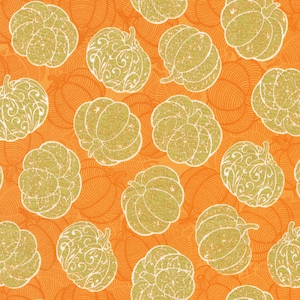 Süße Pumpkin Spice- Orange Kürbisse mit Metalliceffekten: Verkauf per 1/2 Meter.