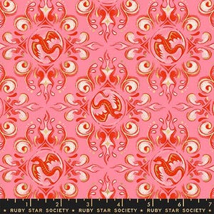May include: Pink fabric with a repeating pattern of red dragons within gold-edged circles, surrounded by stylized flames and scrollwork. The design includes gold and cream accents. The text "RUBY STAR SOCIETY" is at the bottom.