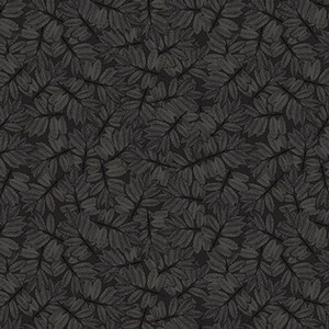 May include: A seamless pattern of dark grey leaves on a black background. The leaves are stylised and have a slightly textured appearance.
