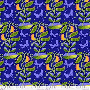 May include: A repeating pattern featuring stylized green pea pods, orange flowers, and purple dragonflies on a deep blue background. The design includes green stems and leaves, creating a whimsical, nature-inspired aesthetic.