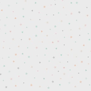 Puede incluir: Un fondo gris claro con un patrón repetido de pequeñas formas dibujadas a mano. El patrón incluye estrellas, corazones y puntos en colores pastel como melocotón, verde menta y gris claro.