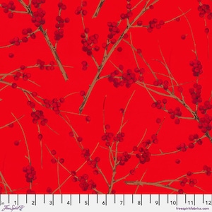 May include: Red fabric with a repeating pattern of brown branches with red berries.
