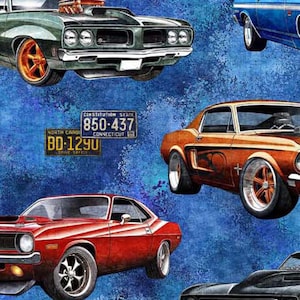 Heavy Metal- Blue Hot Rods: Sold by the 1/2 yard.