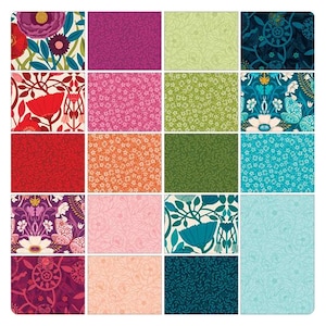 May include: A collection of nineteen fabric squares featuring diverse floral and botanical patterns in a vibrant colour palette including red, pink, orange, green, teal, and purple. Each square displays unique intricate designs.