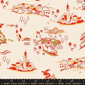 May include: Cream-colored fabric with a repeating pattern of red and gold illustrations of villages, mountains, and trees. The design includes a dragon, houses, and sheep. The text "RUBY STAR SOCIETY" is at the bottom.