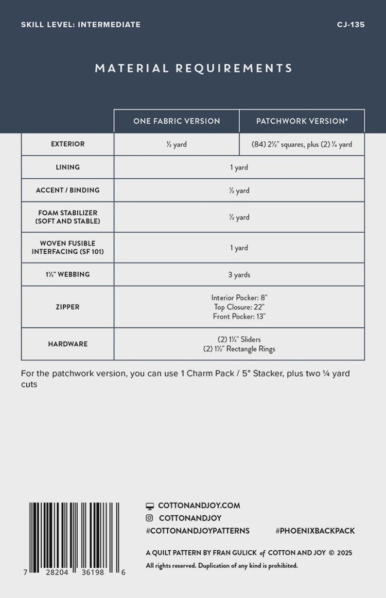 May include: A material requirements chart for a sewing project, with a blue and white color scheme. The chart lists fabric needs for exterior, lining, accent, foam stabilizer, interfacing, webbing, zipper, and hardware. Includes text: "COTTONANDJOY.COM" and "A QUILT PATTERN BY FRAN GULICK".